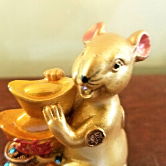 Feng Shui Gold Luck Chinese Mouse Animal Figurine Statue Gold Feng Shui Zodiac - Picture 3 of 8
